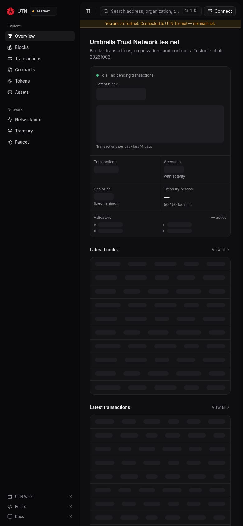 UTN Scan on a phone, with the latest block and recent activity