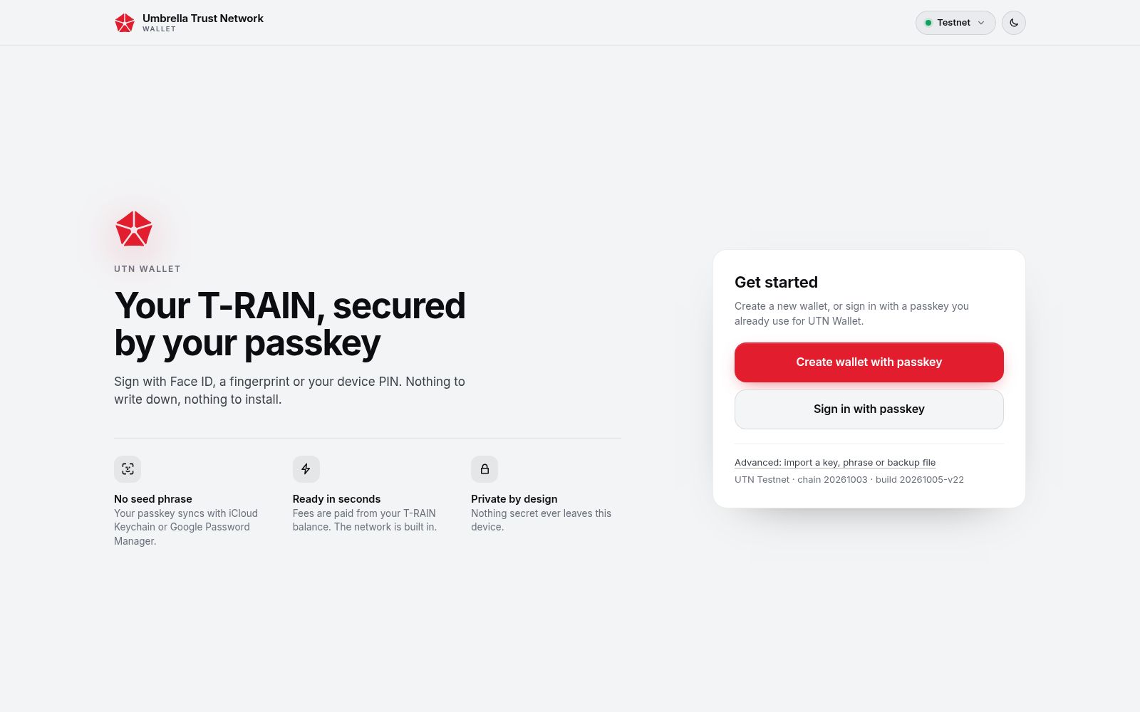 UTN Wallet on a desktop, ready to create a passkey account